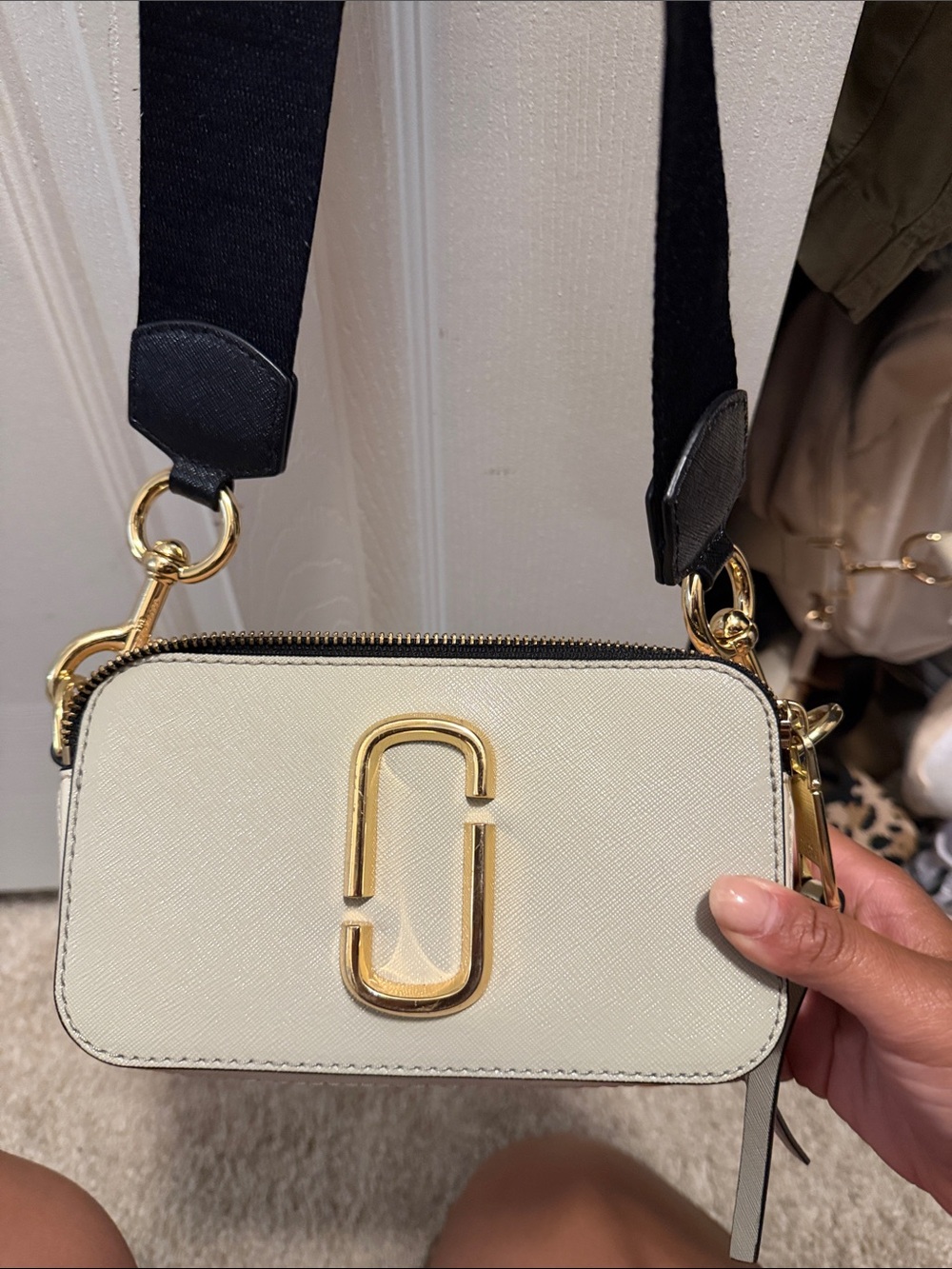 Marc Jacobs Cream Crossbody Camera Bag with Gold Hardware
